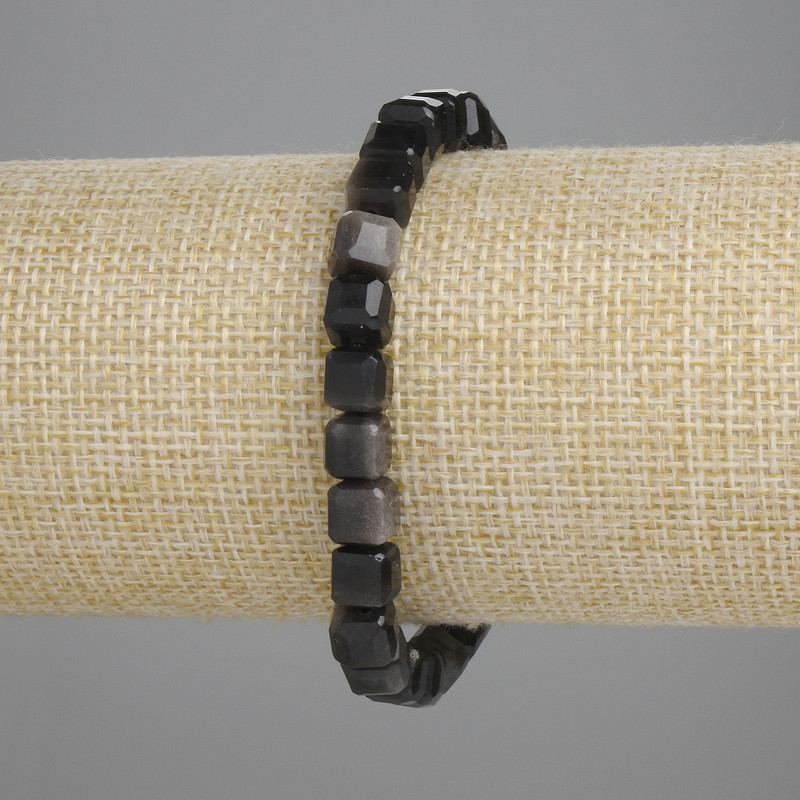 Bracelet in Silvery Obsidian, Faceted Cube, 6×6 mm, 18 cm length, stretch