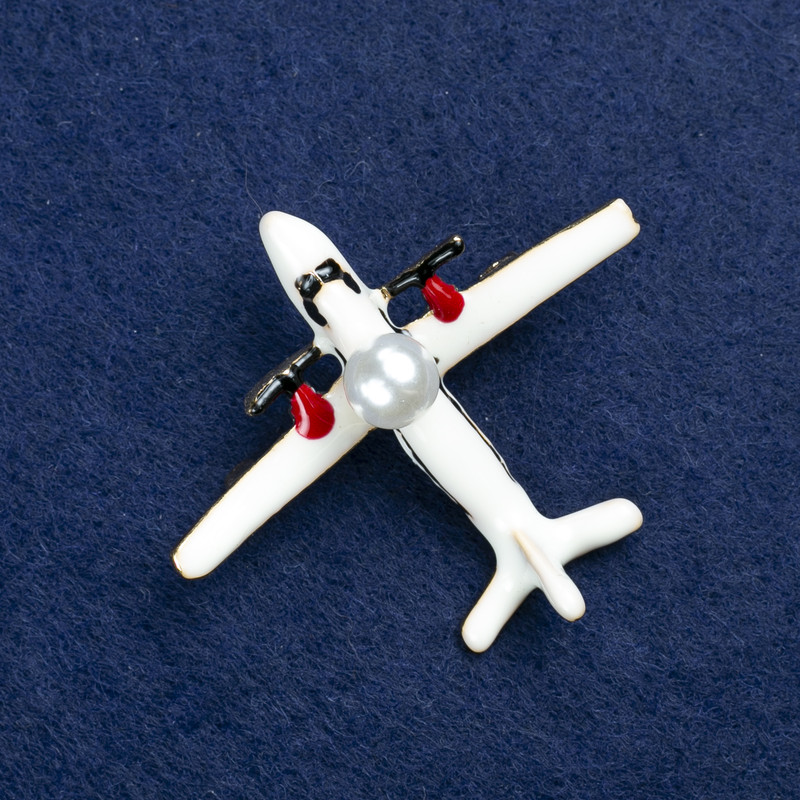 Airplane Brooch, Golden Metal, Enamel and Bead 50x40mm +
