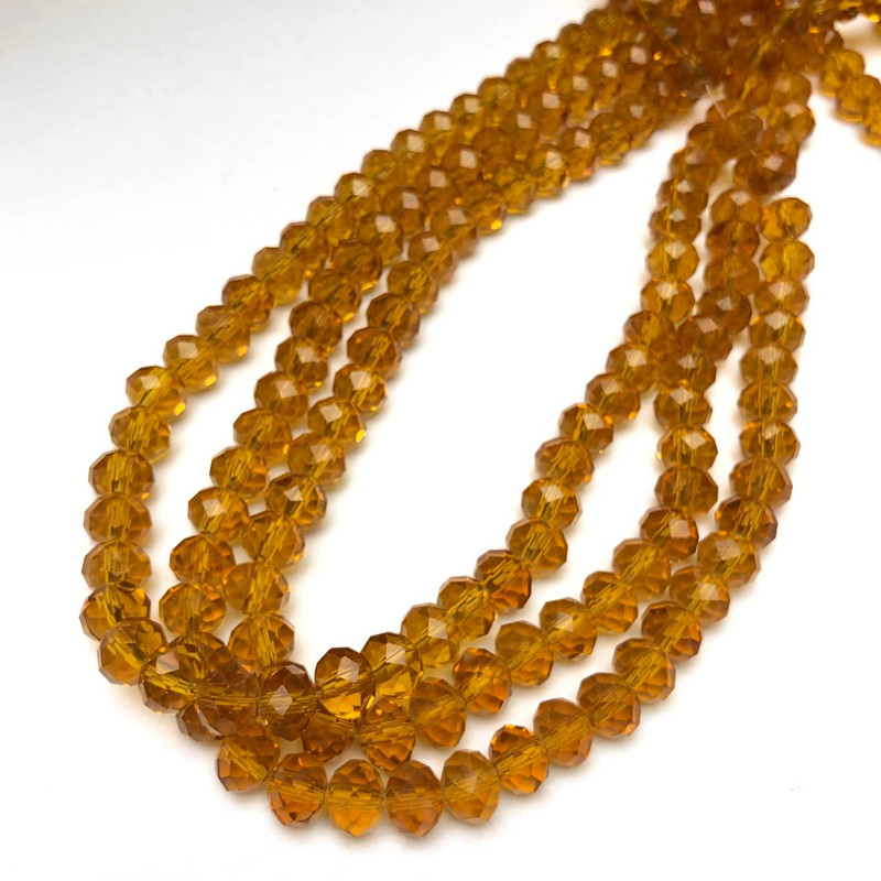 Czech Crystal Beads on Thread, Dark Honey Amber Transparent, Faceted Rondel, Diameter 8×6 mm + -, Length 40–42 cm +