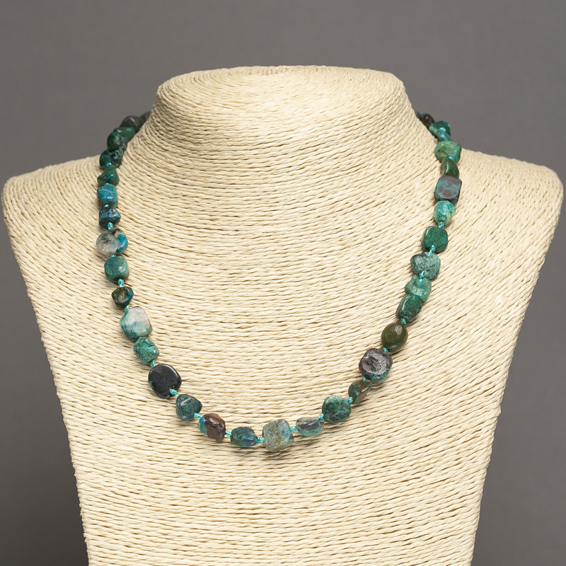 Necklace made of natural Chrysocolla stone, tumbled, bead diameter 8x9 mm, length 45 cm