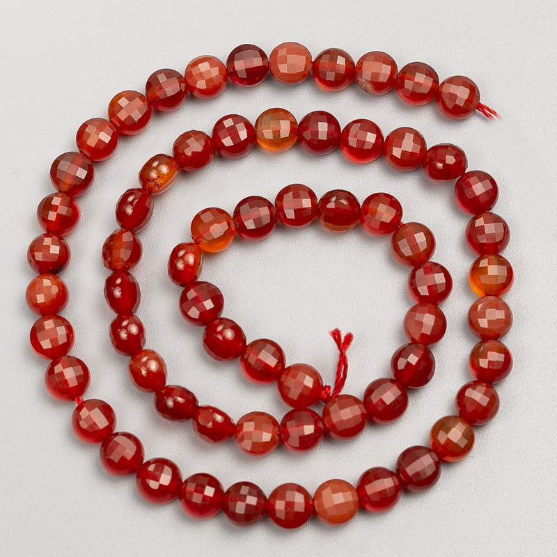 Carnelian stone faceted coin beads on thread, diameter 6×5 mm, length 38 cm+