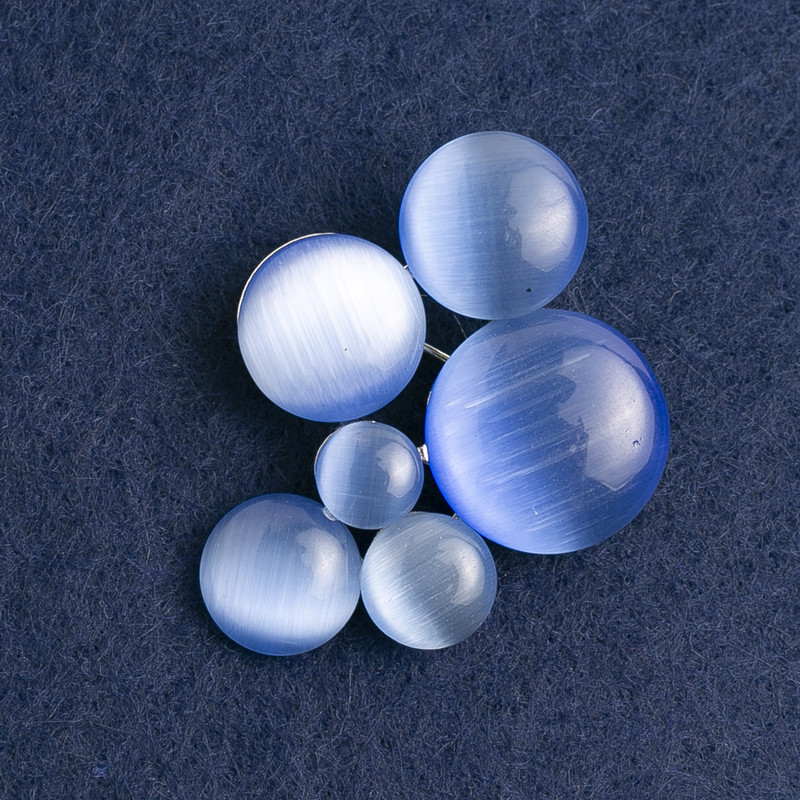 Accent Brooch, Cat's Eye Stone, Blue Color, Silver-Tone Metal, 45×35 mm