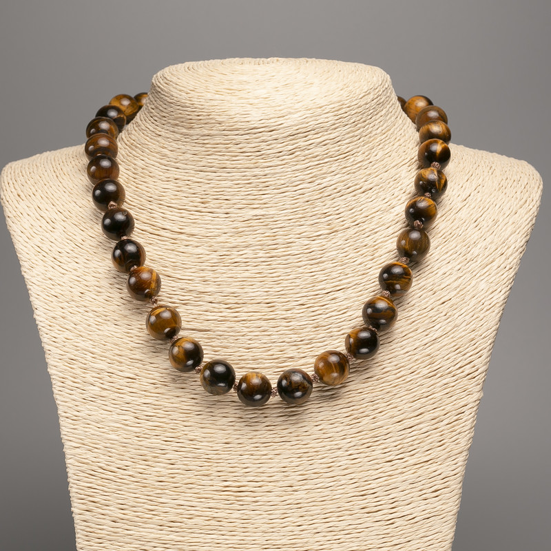 Tiger's Eye natural stone necklace with smooth beads, 12 mm diameter, 48 cm length +