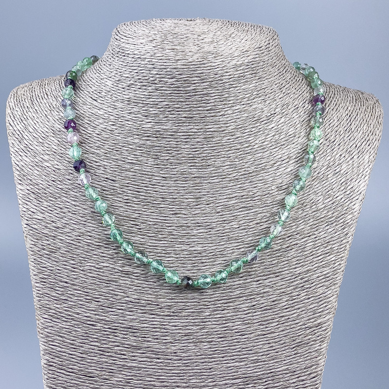 Beaded necklace of natural fluorite — faceted beads, 6 mm diameter, 50 cm long