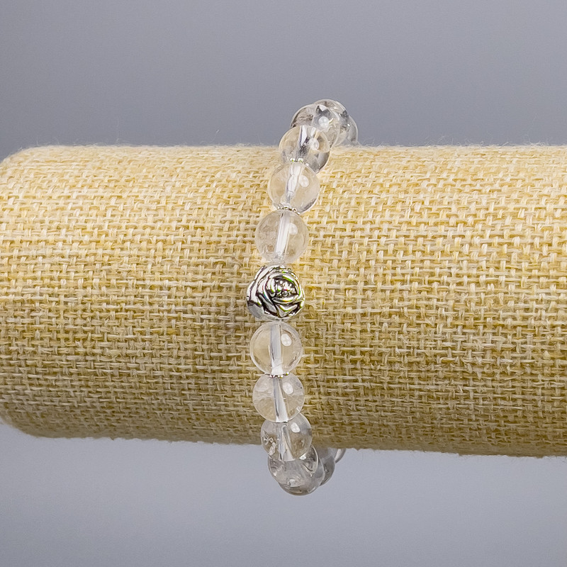 Bracelet of Mountain Crystal with 'Rose' Inlay, Smooth Bead, Diameter about 8 mm, Length 18 cm Stretch