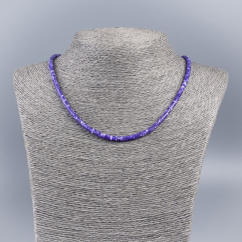 Choker necklace made of natural mother-of-pearl (tinted) dark lavender smooth rondel beads, diameter 4x2 mm, length 48 cm
