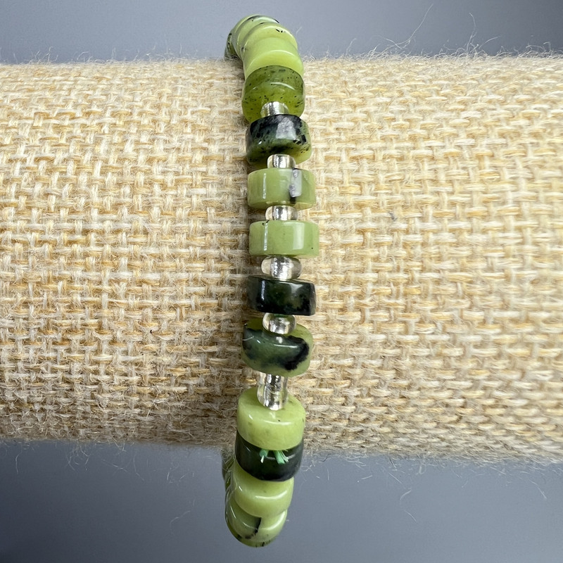 Bracelet Jadeite Canadian natural stone discs, diameter 6x3mm+-, length 18cm+- (stretch) with beads